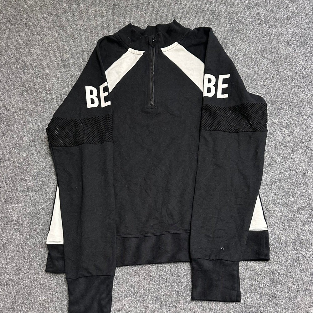 Bebe Sport Sweatshirt Womens Size M Black White 1/4 Zip Mesh Sleeve Logo Top